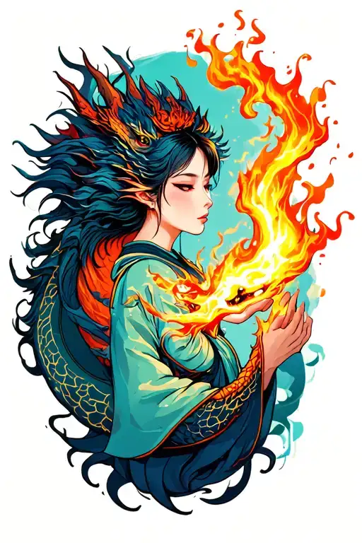 Japanese Woman And Dragon Breathing Fire