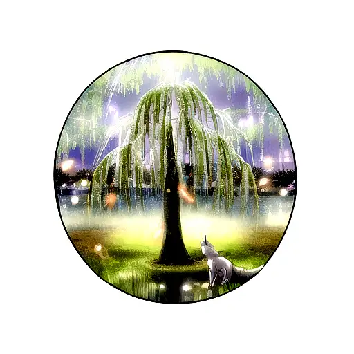 Weeping Willow Tree With Lightning Bugs And A Wolf
