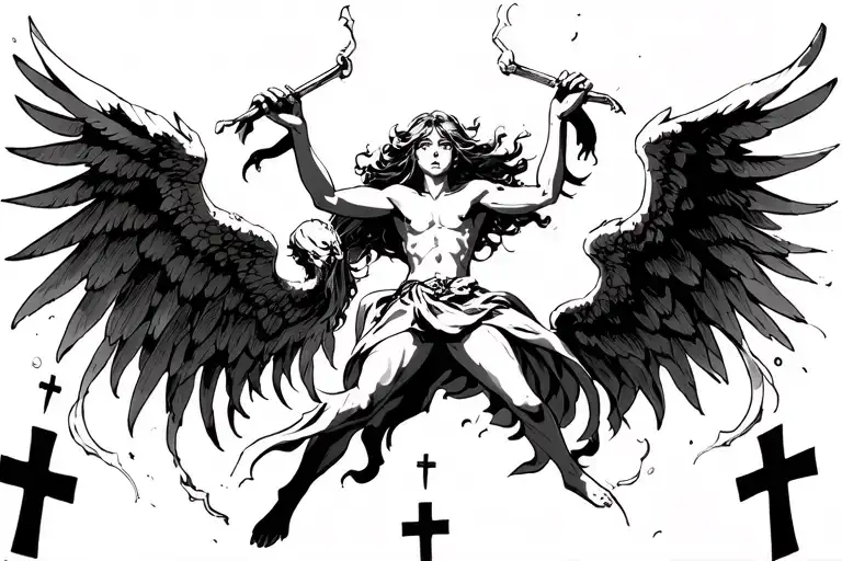 Angel Fighting Demons To Protect Humans Floating With Crosses On Sides