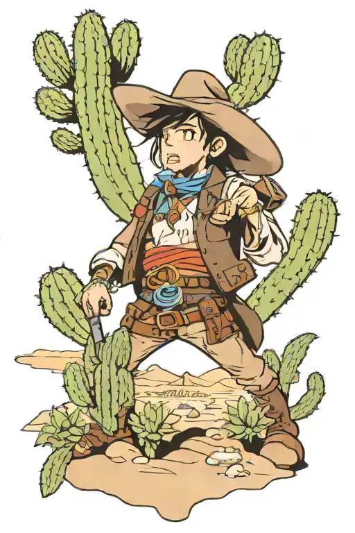 Cowboy And Desert Landscape Filled With Cacti