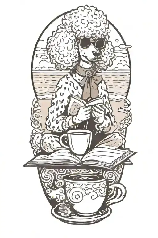 A Poodle Reading A Book With A Cup Of Coffee On The Beach