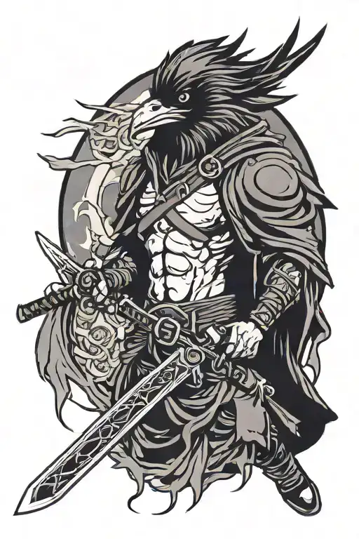 Raven With A Katana Swords Drawn