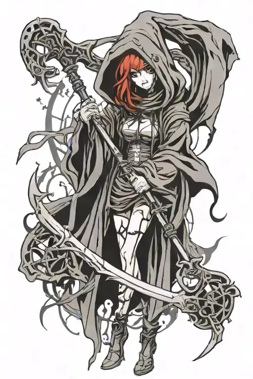 Hooded Grim Reaper Girl Holding Scythe