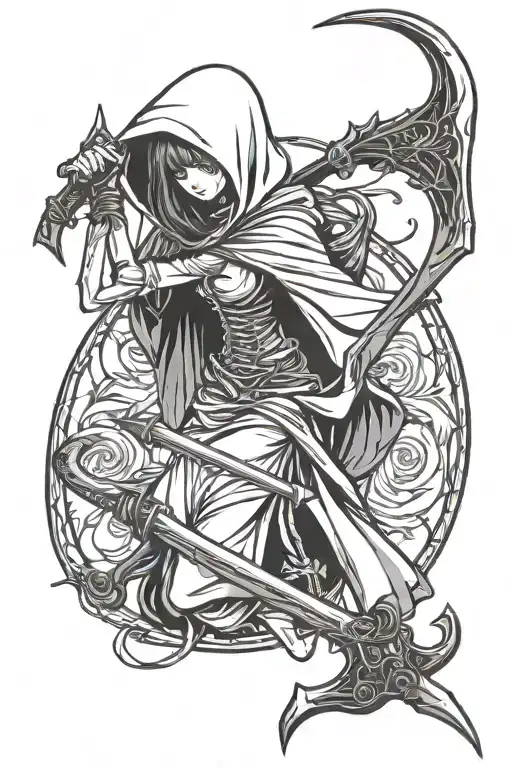 Hooded Grim Reaper Girl Holding Scythe