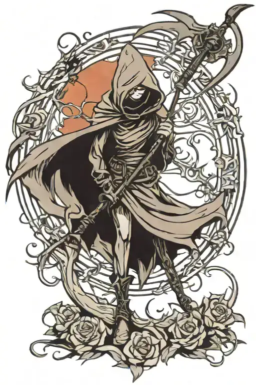Hooded Grim Reaper Girl Holding Scythe
