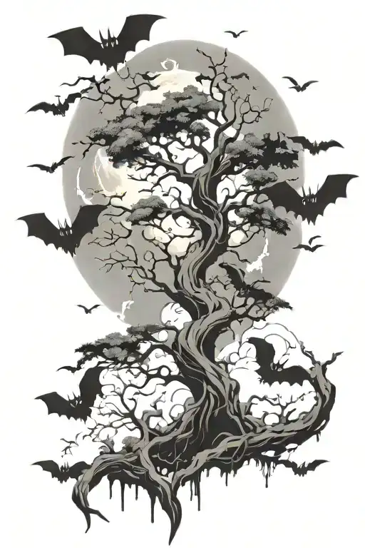 Lifeless Poison Tree Surrounded By Bats And Clouds With A Moon Shining Over
