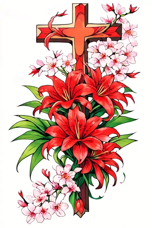 The Cross With Red Spider Lilies And Cherry Blossoms In The Breeze