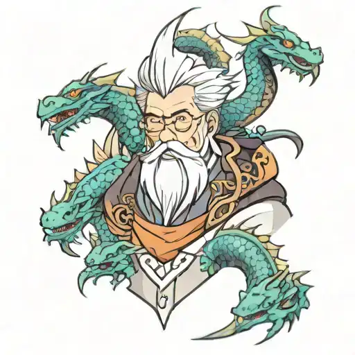Asian Teacher With White Beard And 2 Dragons