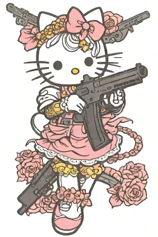Hello Kitty With Pink Bow Holding Gun
