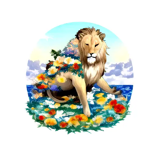 An Ocean Below A Lion On Flowers With A Moon In The Sky