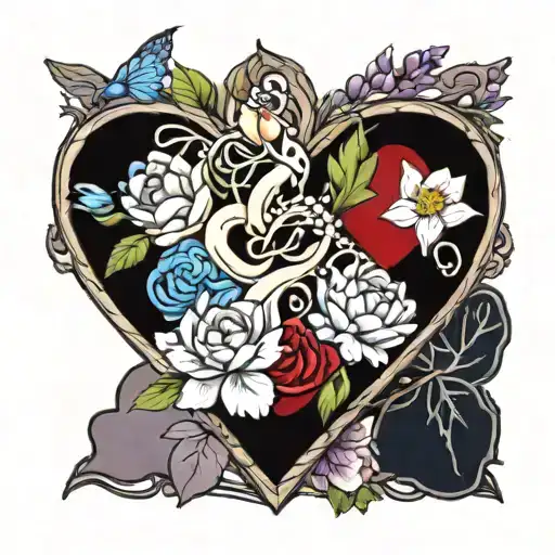 Heart Surrounded By Colorful Flowers Growing Together Wisteria And Lotus And Blue Rose