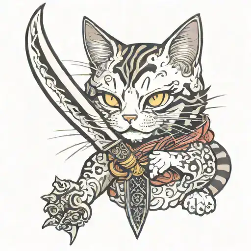 Asian Style Cat Holding A Dagger In Its Mouth