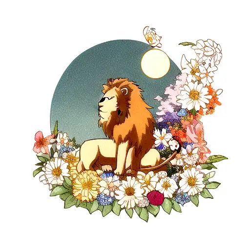 Lion With Moon In Background And Flower Below