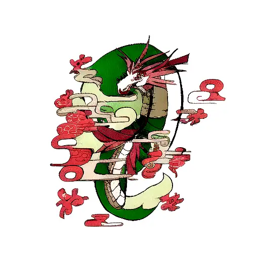 Traditional Japanese Dragon Wrapped Around A Caduceus