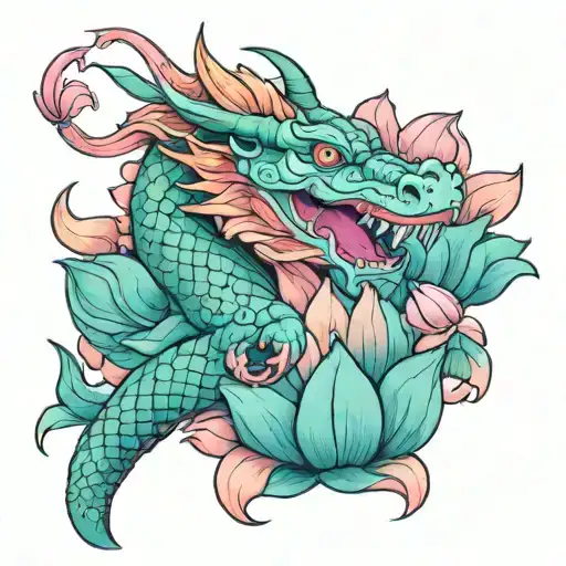 Orange Dragon With Pink Lotus Flower