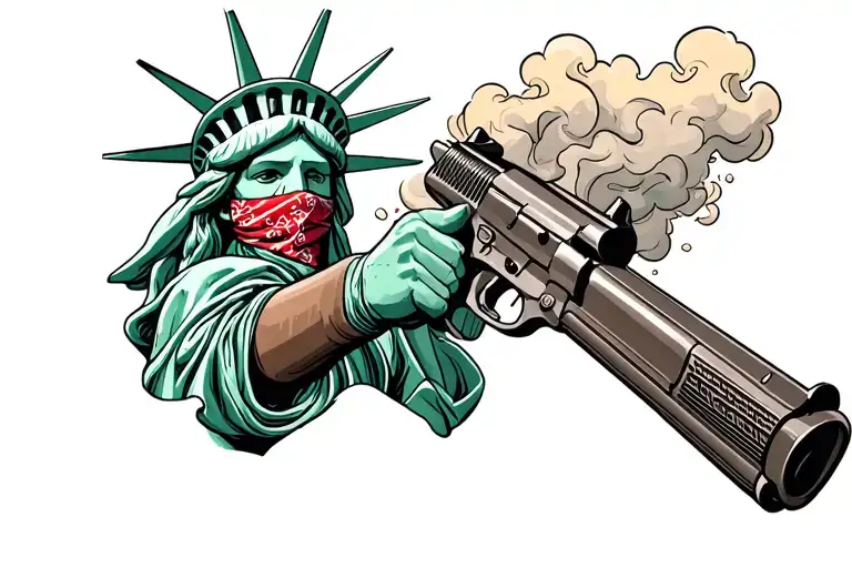 Statue Of Liberty With Bandana Mask Holding A Gun With Smoke Coming Out The Gun