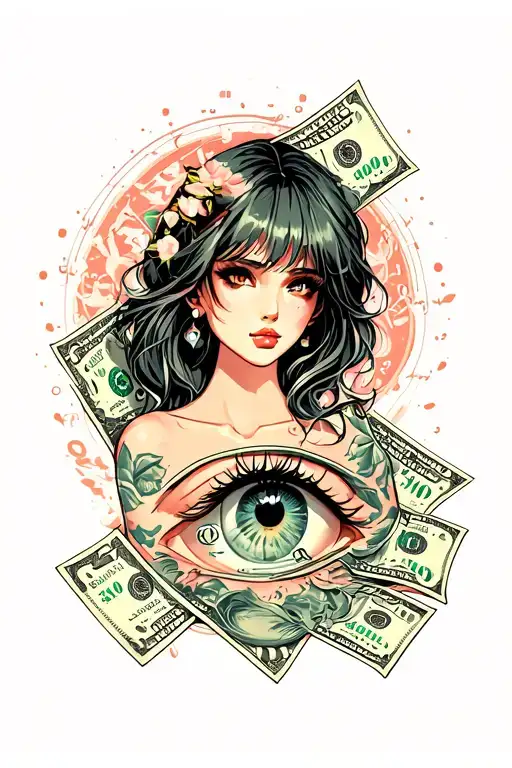 Sleeve Tattoo Featuring Money And A Woman's Eye