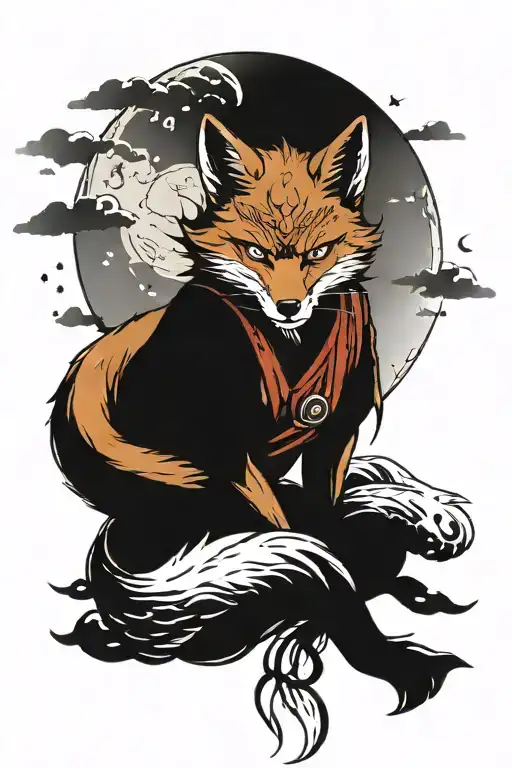 Japan Mask Fox On The Background Of The Moon