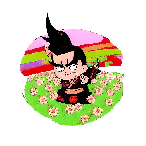 Oni Samurai In A Flower Field Durning Sunset