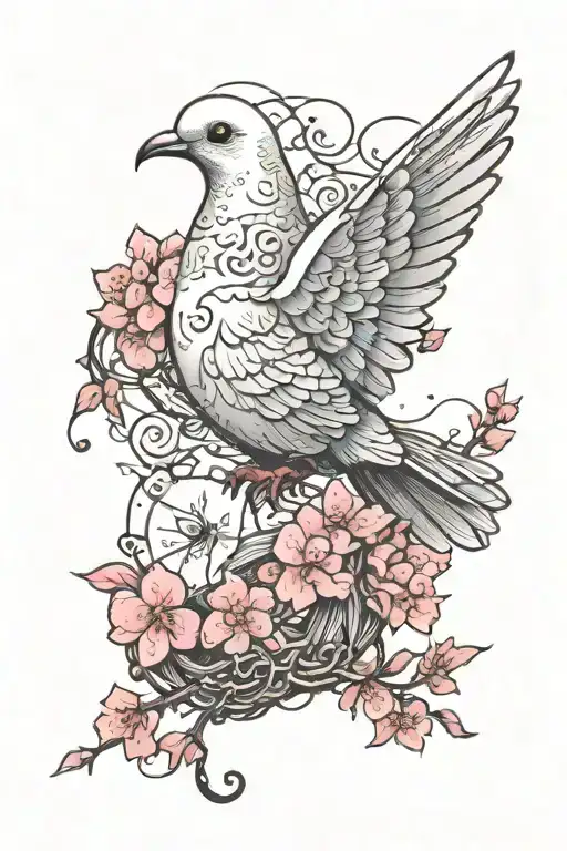 A Dove With Flip-flops As A Talisman With Pink Sakura Flowers