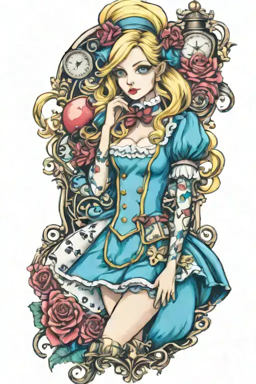 Gothic Sexy Alice In Wonderland Sleeve Tattoo With Colour