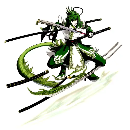 Green And White Dragon With Katana Sword