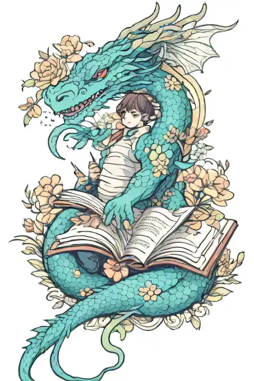 Dragon Reading Books Surrounded By Florals