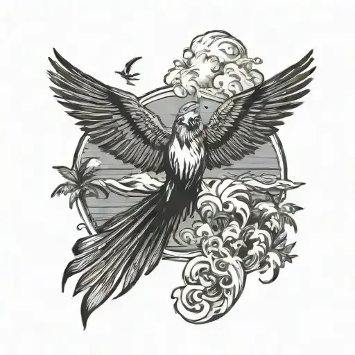 Cardinal Flying Under An Ocean Wave With Palm Tree Background