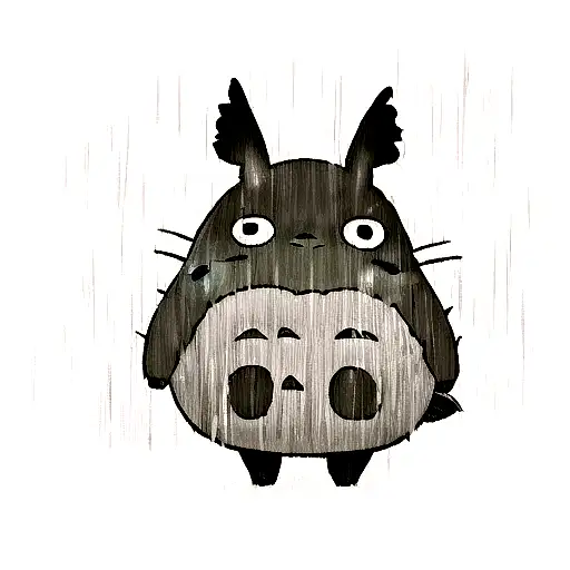 Totoro Standing In The Rain With A Big Leaf Above His Head In Black And White