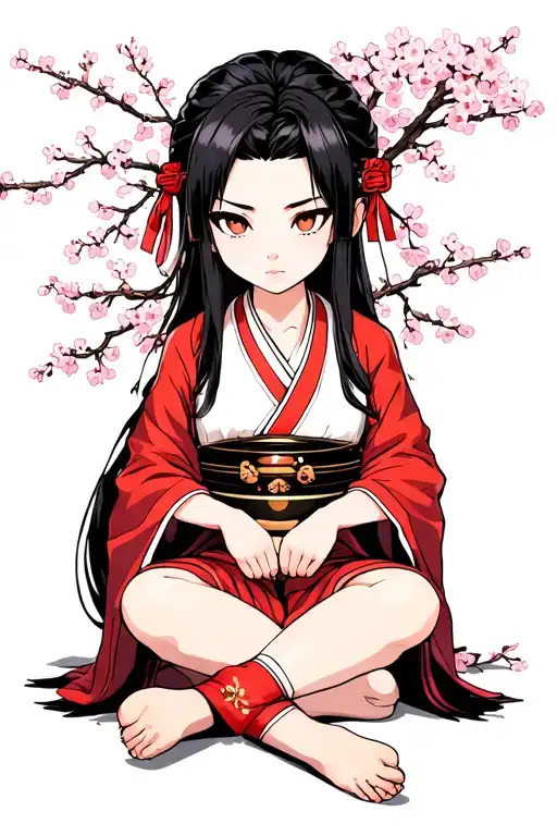 Nezuko Kamado Sitting On The Ground Under A Cherry Blossom Tree