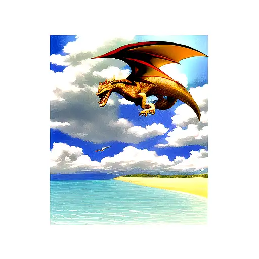 Realistic Beach Scene With A Dragon Flying Over A Field Of Flowers