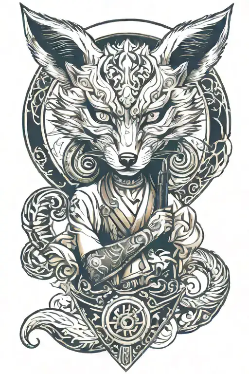 Japanese Culture Tattoo That Includes A Fox Mask And Kitana