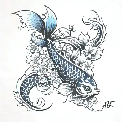 Japanese Flower And Fish With A Beautiful Tail