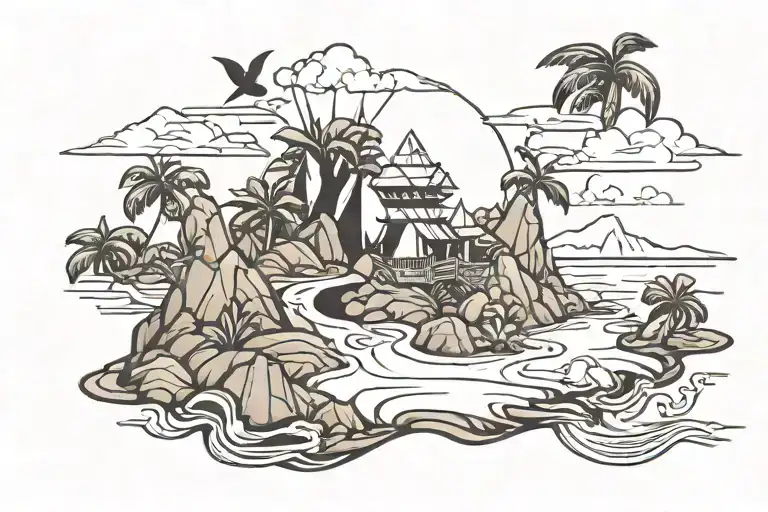 Origami Rabbit On An Island Landscape Black And White