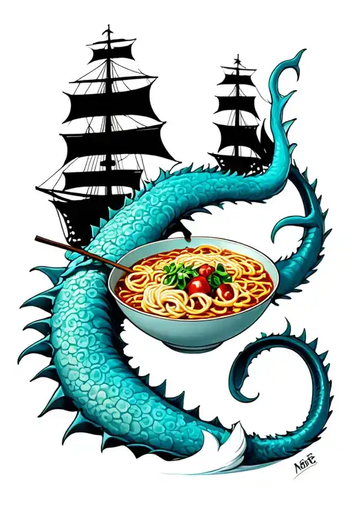 A Ramen Bowl Sea Monster Attaching Pirate Ships