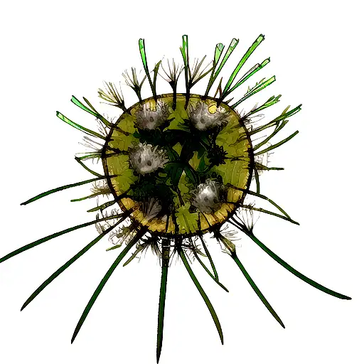 Human Like Angry Creature With Dandelion Head Spread 5 Seeds With Rised Hands