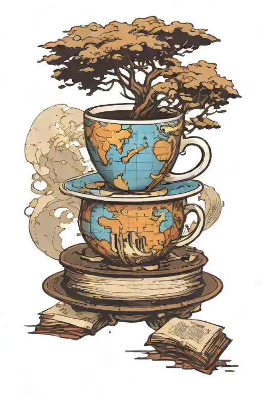 A Coffee Cup Morphing Into A Stack Of Books With A World Map In The Background