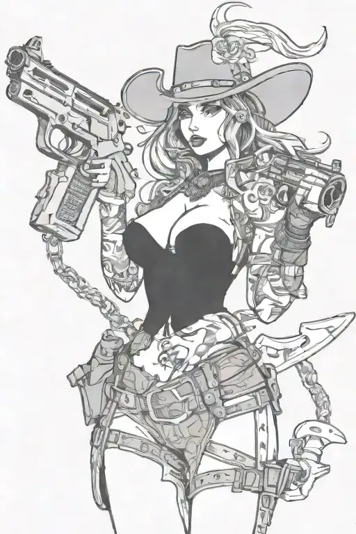 Western Busty Cowgirl Devil In A Sling Bikini Thong Kissing Her Gun