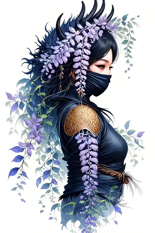 Wisteria Flowers Cascading Down Side Profile Female Ninja Warrior And Dragon