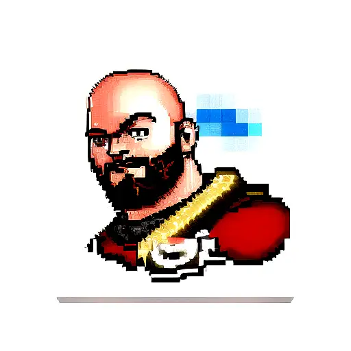 A Portrait Of Kratos With A Pixelated Background Representing His Video Game Origins