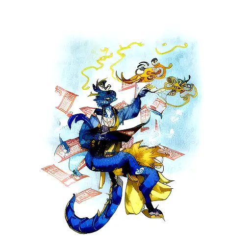 A Blue And Yellow Chinese Dragon Whose Tail Transforms Into A Sheet Music