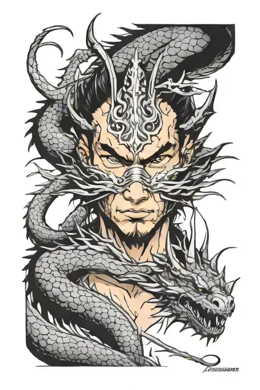 Detailed Black Ink Design Of A Samari Looking Into The Eyes Of A Dragon Before Battle