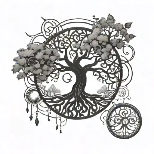 Tree Of Life With Trinity Symbol In Roots And Moon Phases Above Tree Of Life