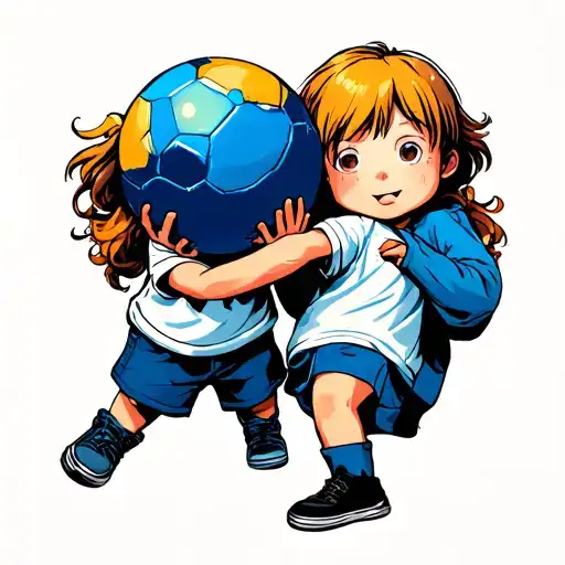 Two Children With A Ball In Their Hands Are On Their Backs
