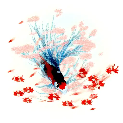 A Japanese Koi Fish Jumping Out Of Water Surrounded By Cherry Blossom Petals
