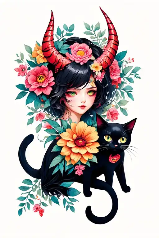 They Are A Demon With Flowers And A Black Cat
