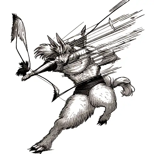 Hybrid Horse Man Creature Shooting A Bow And Arrow With An Arrowhead Aiming High At A Small Gemstone