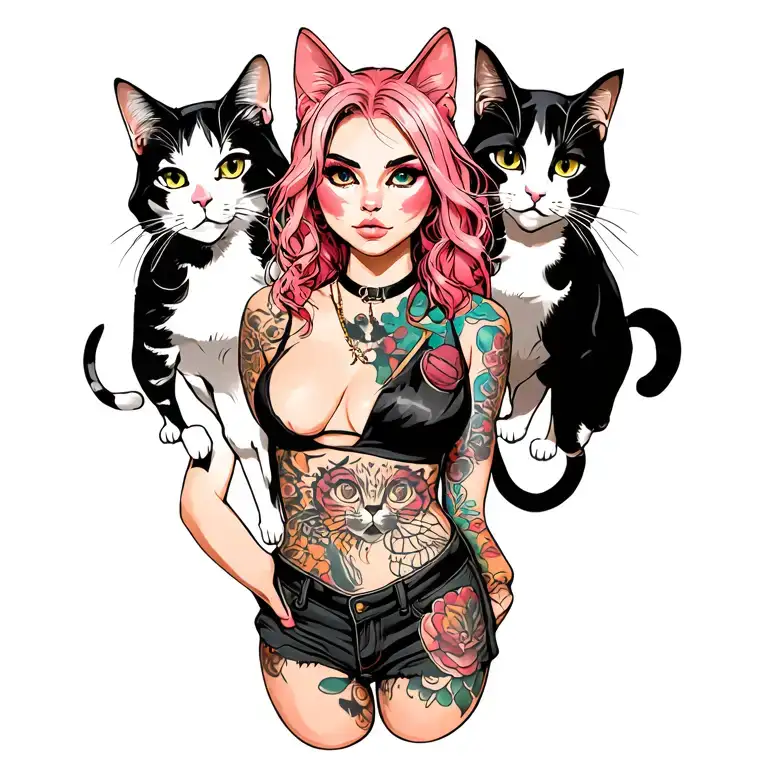 Woman Punk With Gang Of Cats