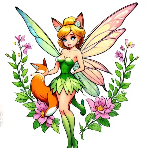 Fairy Tinkerbell With Fox Tattoo On Thigh