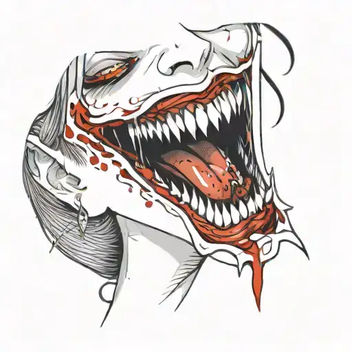 A Goth Girl With Vampire Fangs And Bloody Mouth Open